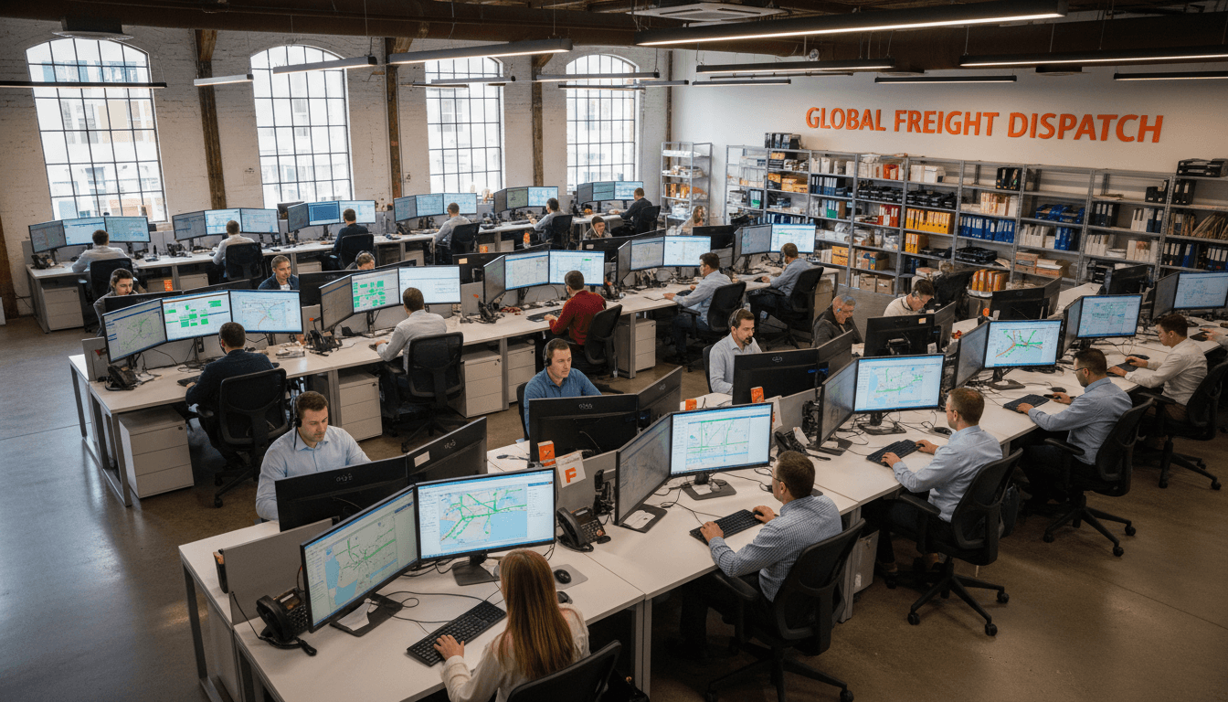 Freight brokerage dispatch center with staff coordinating shipments