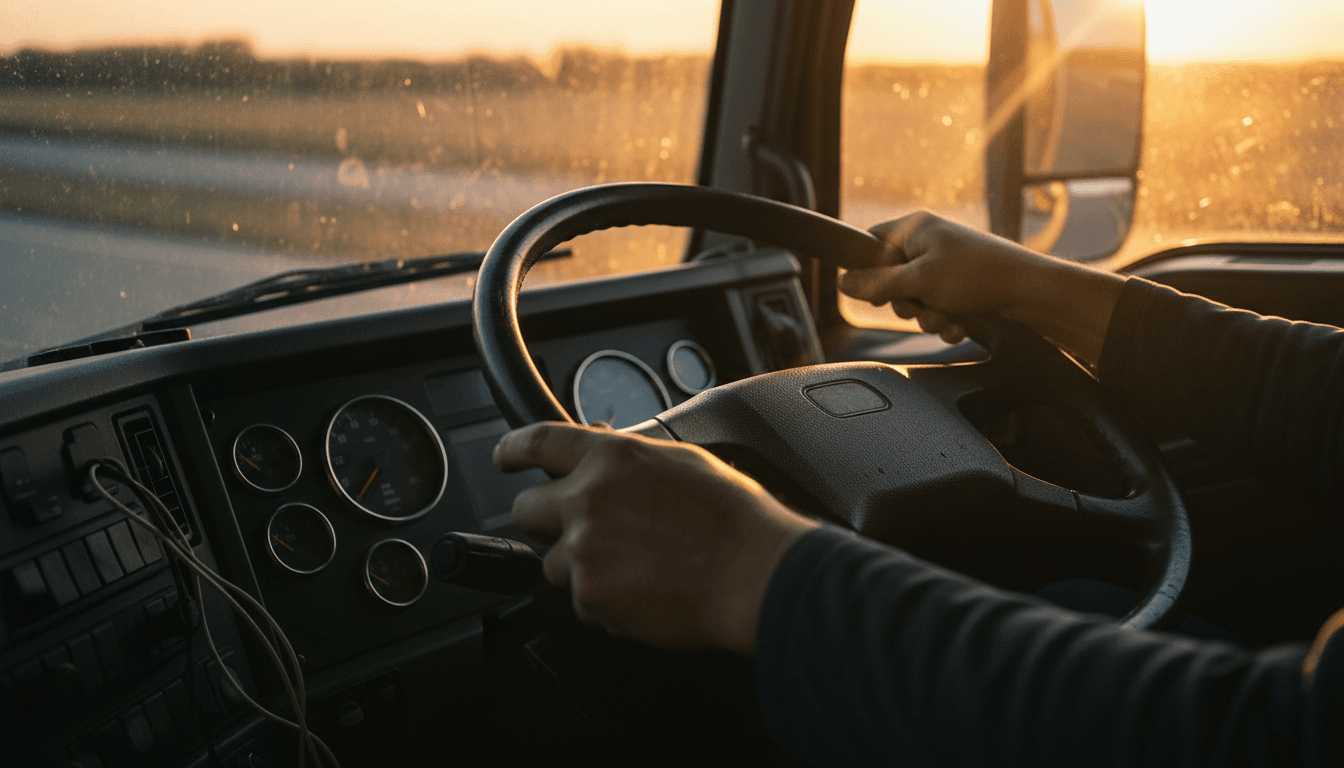 Professional truck driver at the wheel during freight delivery route