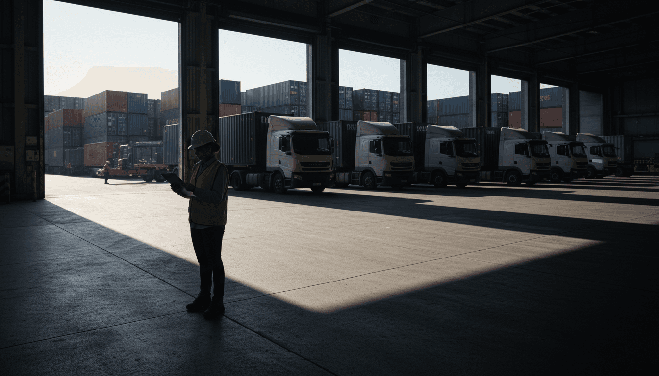 Freight logistics dispatch center in Tampa with trucks and dispatcher reviewing shipments
