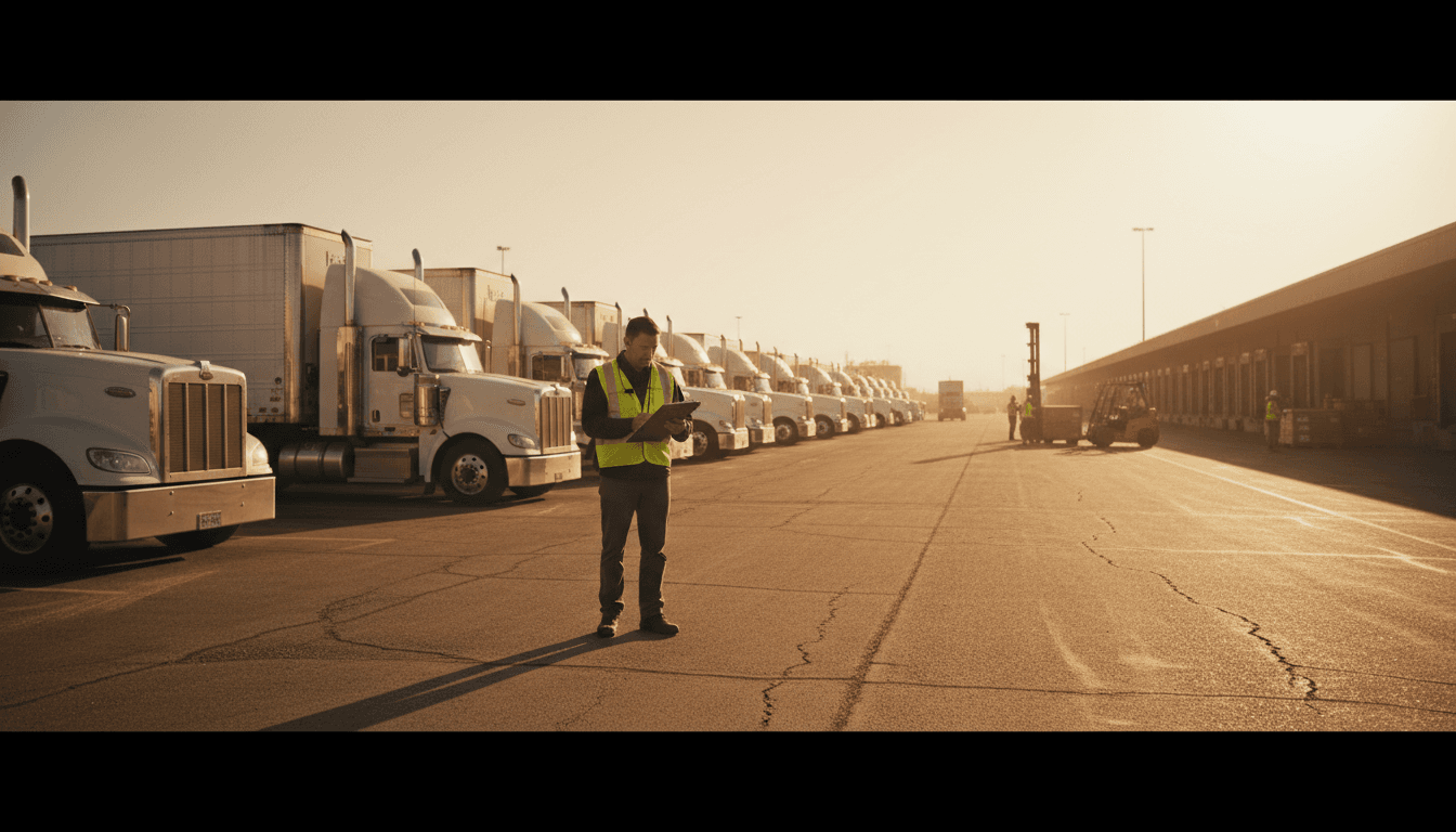 Freight dispatcher managing operations in a busy Tampa logistics yard with trucks and loading activity