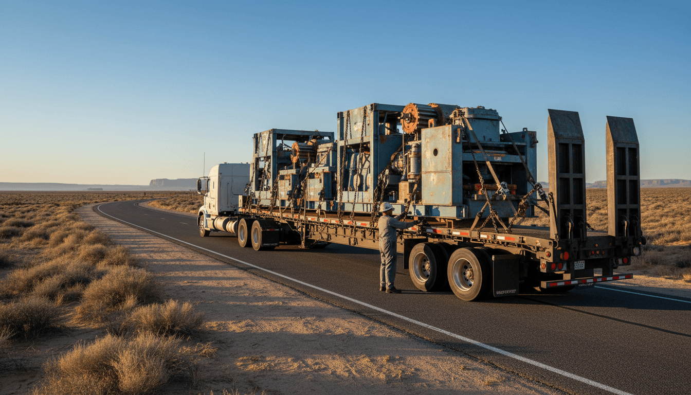 Professional truck driver securing cargo on a loaded semi-truck at a logistics yard