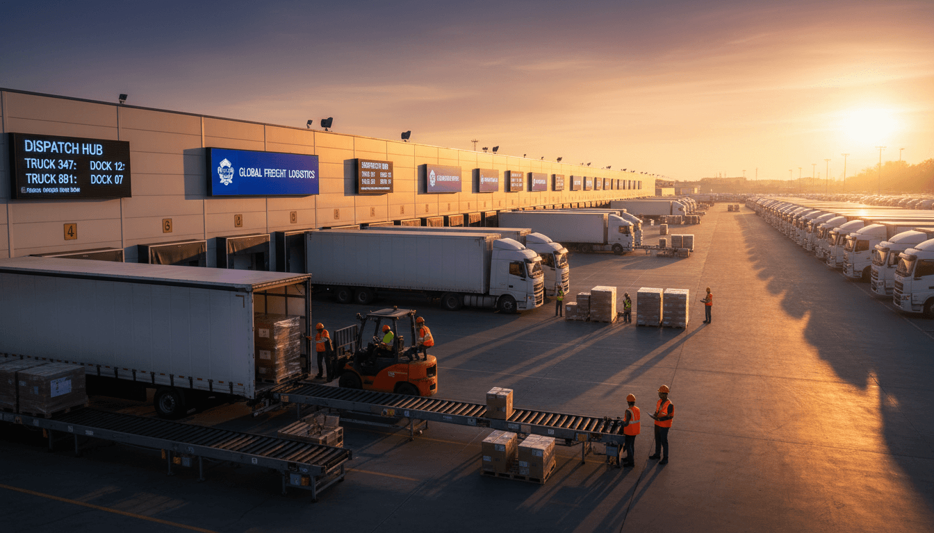 Semi-truck at loading dock ready for freight dispatch