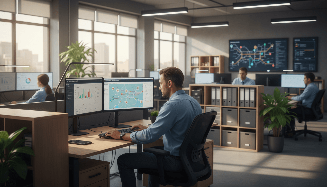 Logistics dispatch center with freight coordinator managing real-time shipment tracking