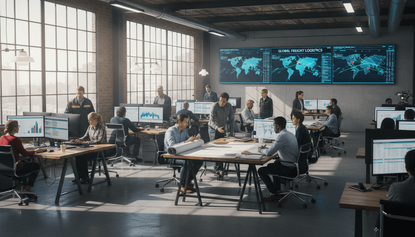 Curry Logistics Management LLC dispatch center with active freight tracking systems and professional dispatchers managing logistics operations