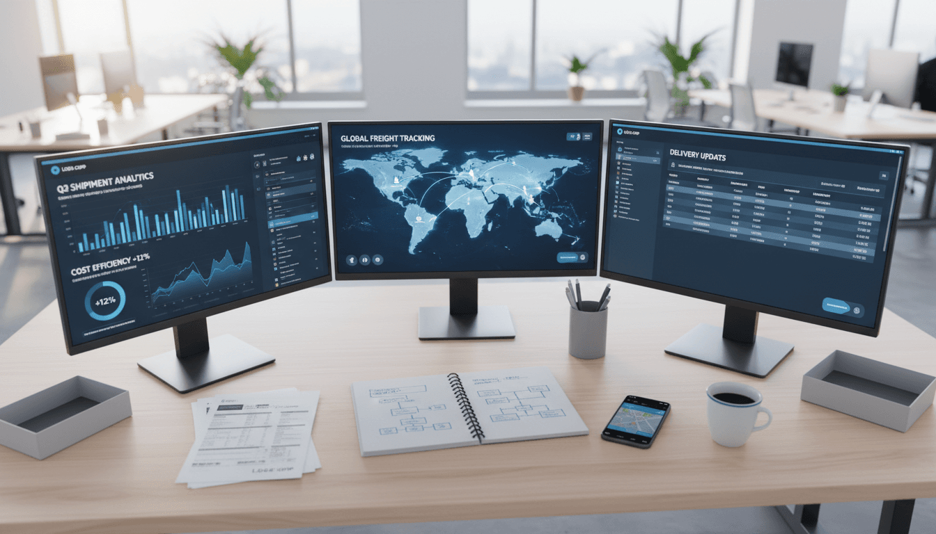 Logistics coordinator managing freight shipments and tracking data at dispatch office