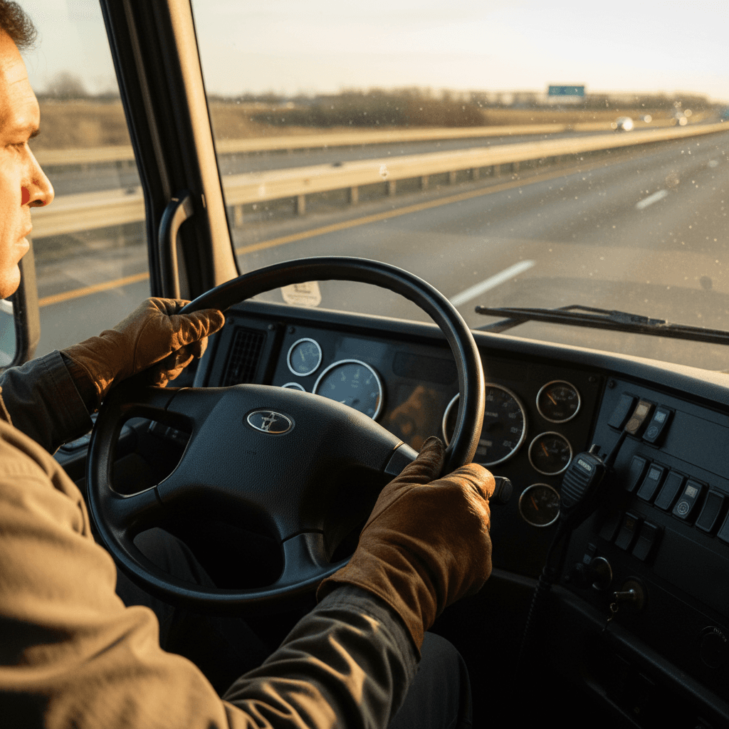 Experienced truck driver hands on steering wheel during highway haul