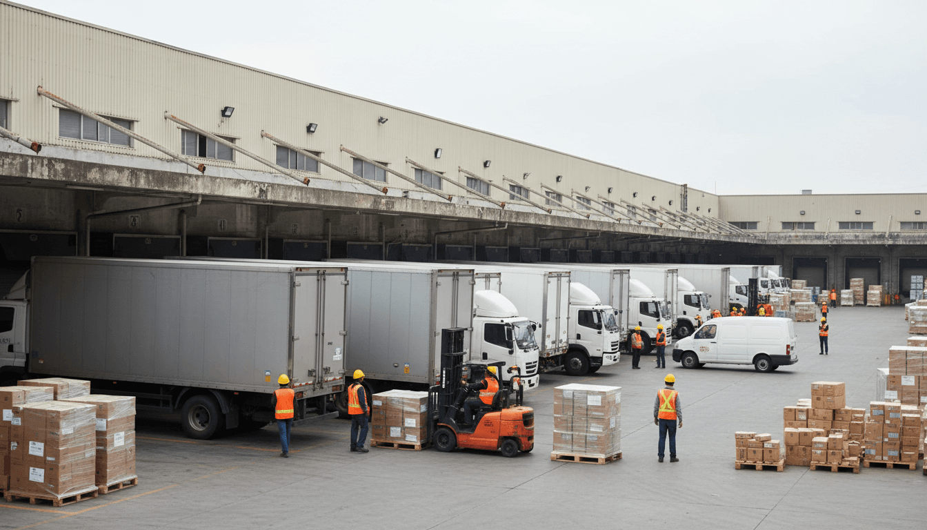 Busy freight dock with semi-trucks and logistics workers loading and managing shipments at dawn